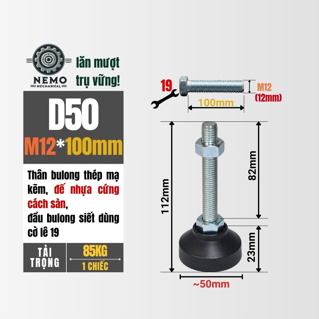Chân Tăng Chỉnh Đế Nhựa Cứng – Giải Pháp Cân Bằng & Chống Rung (M10, M12, M16)
